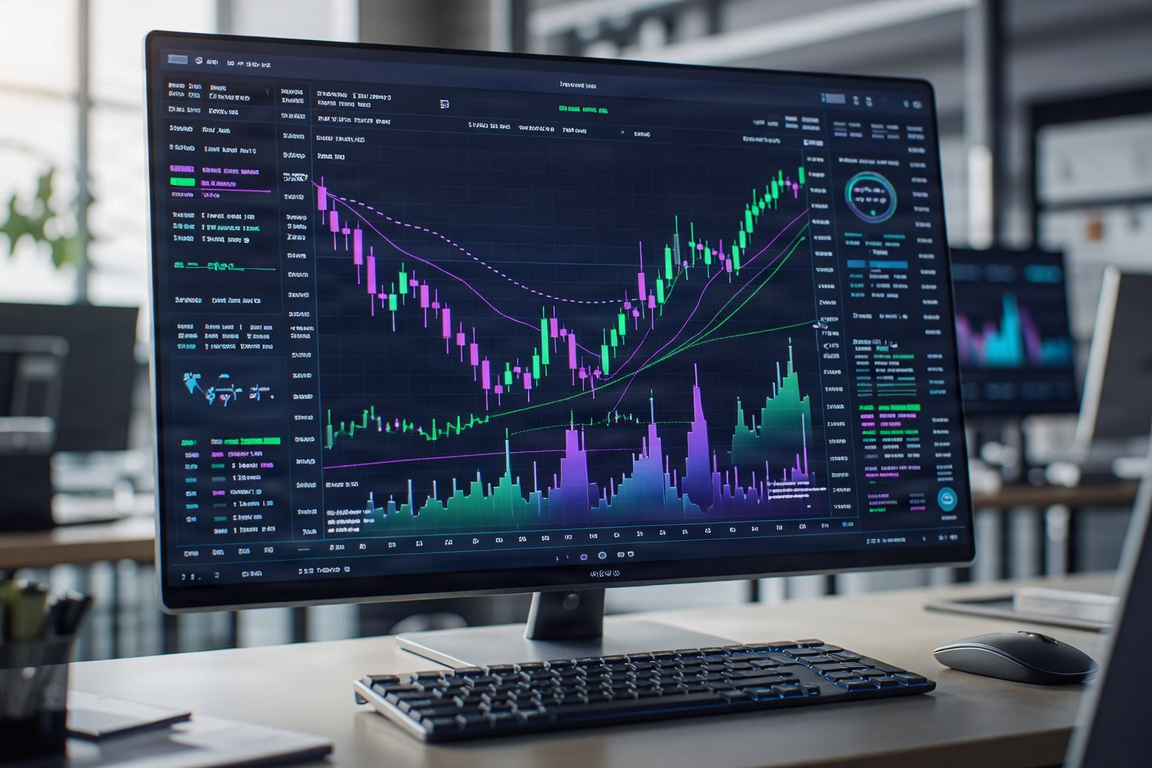 Trading monitor displaying advanced AI stock charts and indicators